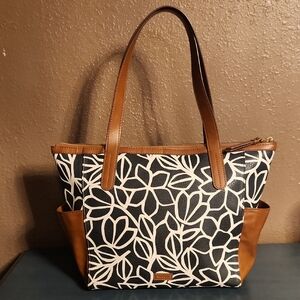 Fossil Black and Cream Leaf Pattern Tote